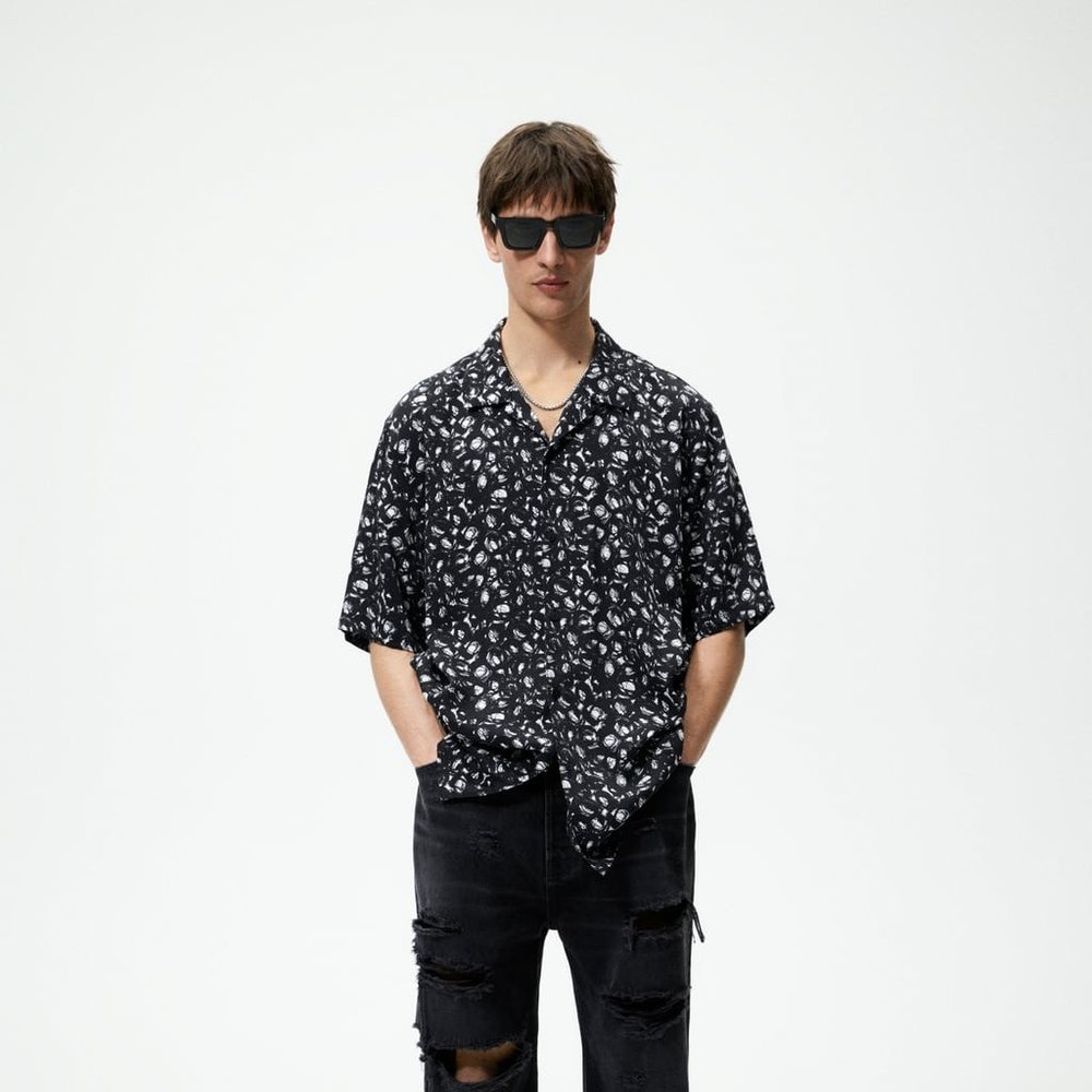 Zara Men's Abstract Print Shirt – Black, Size L